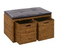 Ziaphsol Banc avec 2 paniers en jonc de mer, marron avec rembourrage en cuir synthétique, 71 x 40 x 42 cm, coffre de rangement pour couloir, garde-robe, chaussures, tabouret
