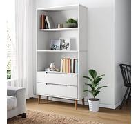 Ziaphsol Bibliothèque MOLDE blanche en pin massif, 85 x 35 x 170,5 cm, laquée UV, avec 3 compartiments et 2 tiroirs, espace de rangement polyvalent pour livres, décoration et médias