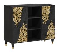 Ziaphsol Buffet avec étagère Noir 90 x 33 x 75 cm Bois massif Mango avec design sérigraphié doré et boutons en laiton pour TV Lowboard Console multimédia