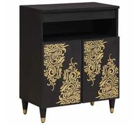 Ziaphsol Buffet avec étagère noire en bois massif de mangue, 60 x 33 x 75 cm, 2 portes, poignées en laiton, sérigraphie dorée, pour salon, TV, rangement