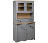 Ziaphsol Buffet Haut Gris en Bois de pin Massif 93x40,5x180 cm avec tiroirs Portes vitrées pour Rangement Salon Chambre Cuisine