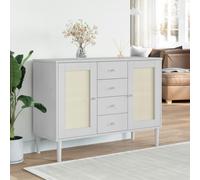 Ziaphsol Buffet SENJA Aspect rotin Blanc 112x40x80cm en Bois Massif de pin avec 4 tiroirs et 4 Compartiments, Finition Vernis UV, idéal pour Salon, Salle à Manger ou Chambre, Design bohème Moderne