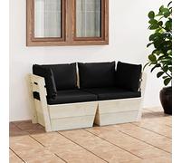Ziaphsol Canapé Palette à 2 Places de Jardin en Bois d'épicéa avec Coussins Noirs, Ensemble modulable pour Salon Jardin terrasse Balcon Patio, mobilier extérieur Confortable pour détente Repas
