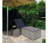 Ziaphsol Chaise longue avec coussin et table basse en polyrotin gris, réglable, pour jardin, terrasse, piscine, 195 x 60 x 31 cm, résistant aux intempéries