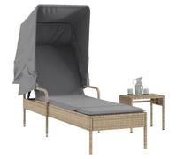 Ziaphsol Chaise longue avec toit en polyrotin beige avec dossier réglable, résistant aux UV et aux intempéries, pour jardin, terrasse, piscine, avec table basse et coussin