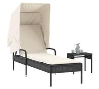 Ziaphsol Chaise longue avec toit en polyrotin noir, dossier réglable, extensible, résistant aux UV, 62 x 200 x 130 cm, pour jardin, piscine, terrasse, table basse incluse