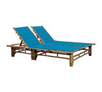 Ziaphsol Chaise Longue Bain Soleil en Bambou pour 2 Personnes avec Coussins Bleus, transat inclinable à 3 Positions, lit chilienne pour Jardin terrasse Balcon Piscine Plage extérieur Confort détente