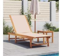Ziaphsol Chaise Longue Bain Soleil en Bois d'acacia Massif et textilène crème, transat inclinable avec Dossier réglable 5 Positions, Table Assortie