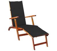 Ziaphsol Chaise longue en bois d'acacia avec repose-pieds, coussin noir, 167 x 56 x 75 cm, réglable en 3 positions, pliable, pour jardin, terrasse, piscine, plage