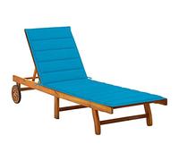 Ziaphsol Chaise longue en bois d'acacia massif, bleu, dossier réglable, repose-pieds, roues, plateau extensible, jardin, terrasse, piscine, 200 x 63 x 85 cm, avec coussin pour plus de confort