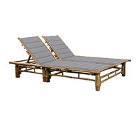 Ziaphsol Chaise Longue pour 2 Personnes en Bambou avec Coussins Gris, Bain Soleil transat inclinable 3 Positions, lit chilienne Relax pour Jardin terrasse Balcon Piscine Plage, Confort extérieur