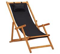 Ziaphsol Chaise Pliante de Jardin en Bois d'eucalyptus Solide avec Tissu Noir, siège inclinable 3 Positions, légère et compacte pour terrasse, Plage, Camping et détente extérieure