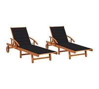 Ziaphsol Chaises Longues Lot de 2 en Bois d'acacia Massif avec Coussins Noirs, Bain Soleil avec Roulette, Dossier inclinable, lit chilienne Pliable pour Jardin terrasse Piscine Balcon extérieur