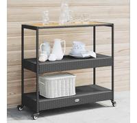 Ziaphsol Chariot de bar à 3 étages noir en rotin synthétique et bois d'acacia massif, 4 roues, 101 x 40 x 100 cm, pour cuisine, salle à manger, salon et terrasse, avec espace de rangement et