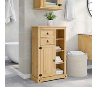Ziaphsol Corona Armoire de salle de bain 70 x 33 x 110 cm en pin massif finition cire miel avec 2 tiroirs, 1 porte, 4 compartiments ouverts, rangement sous lavabo