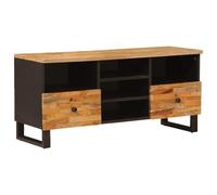 Ziaphsol Corona Meuble TV bas marron en bois massif de mangue, 100 x 33 x 46 cm, avec 2 tiroirs, étagère pour décoration de salon, espace de rangement pour médias et câbles