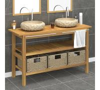 Ziaphsol Double lavabo avec lavabo en marbre crème en bois massif teck - Ensemble de meubles de salle de bain avec 2 lavabos et 3 paniers en jonc de mer - Meuble de rangement pour WC invité