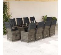 Ziaphsol Ensemble bistro de jardin 11 pièces avec fauteuils de relaxation réglables en polyrotin gris, table en verre, pour terrasse, balcon, résistant aux UV et aux intempéries