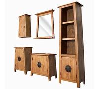 Ziaphsol Ensemble de 5 meubles de salle de bain en pin massif, style rustique vintage, meuble de lavabo robuste, armoire haute, armoire d'appoint, armoire murale, miroir pour salle de bain, 70 x 32 x