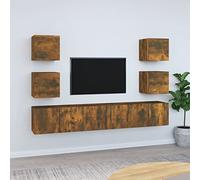 Ziaphsol Ensemble de 7 meubles TV en bois de chêne fumé - Montage mural - Meuble TV bas - Console multimédia HiFi - Buffet avec gestion des câbles et espace de rangement pour salon et home cinéma