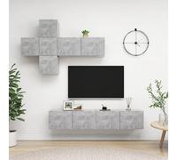 Ziaphsol Ensemble de 7 meubles TV gris béton en bois à suspendre au mur pour salon HiFi Rack console multimédia buffet avec gestion des câbles et espace de rangement pour home cinéma et TV