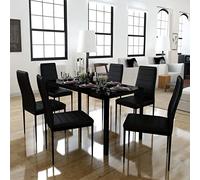Ziaphsol Ensemble de 7 pièces - Table moderne avec verre trempé - En cuir synthétique - 120 x 60 x 74 cm - Pour cuisine, salle à manger et salon - Noir