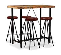 Ziaphsol Ensemble de bar 5 pièces en bois vieilli massif et cuir véritable, table mange-debout 120 x 60 x 107 cm, 4 tabourets de bar, look industriel pour cuisine, salle à manger et bar, pieds en