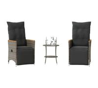 Ziaphsol Ensemble de bistro 3 pièces avec coussins, gris en rotin synthétique, fauteuils réglables, table de jardin, résistant aux UV, aux intempéries, pour balcon, terrasse, jardin