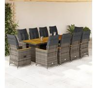 Ziaphsol Ensemble de Bistro de Jardin 11 pcs avec Coussins Gris en Poly rotin, fauteuils inclinables avec accoudoirs, Table en Bois d'acacia pour terrasse, Balcon, Patio et Repas en extérieur