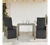 Ziaphsol Ensemble de Bistro de Jardin 3 pièces en Poly rotin Gris avec Coussins d'assise et Dossier, fauteuils inclinables avec accoudoirs, Table Basse en Verre trempé