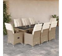 Ziaphsol Ensemble de Bistro de Jardin 9 pcs en Poly rotin Beige avec Coussins d'assise et Dossier Amovibles, fauteuils inclinables, Table en Verre trempé