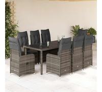 Ziaphsol Ensemble de Bistro de Jardin 9 pcs en Poly rotin Gris avec Coussins Amovibles, fauteuils inclinables avec Repose-Pieds, Table en Verre trempé pour terrasse, Balcon ou Patio détente Repas