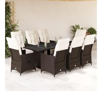 Ziaphsol Ensemble de Bistro de Jardin 9 pcs en Poly rotin Marron avec Coussins Blancs crème, fauteuils inclinables, Table en Verre trempé, idéal terrasse Balcon Patio pour Repas détente apéritif