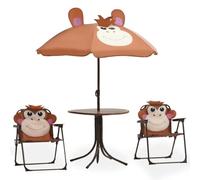 Ziaphsol Ensemble de Bistro pour Enfants 3 pièces Marron avec Parasol, mobilier de Jardin en Acier pour terrasse, Balcon ou Patio, Chaise Pliante, Table Ronde 50 cm, Protection Solaire