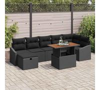 Ziaphsol Ensemble de canapé de jardin 8 pièces en rotin synthétique noir avec cadre en acier durable et surface en bois d'acacia pour une assise confortable, idéal pour terrasse, balcon, jardin