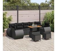 Ziaphsol Ensemble de Canapé de Jardin avec Coussins 10 Pièces Noir Poly Rotin Bois d'acacia Résistant aux UV Modulable Outdoor Lounge pour Terrasse