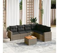 Ziaphsol Ensemble de canapé de jardin, composé de 7 pièces, en polyrotin gris, plateau de table en bois d'acacia, résistant aux UV, mobilier d'extérieur modulaire pour terrasse, balcon