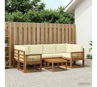 Ziaphsol Ensemble de canapé d'extérieur 7 pièces en bois d'acacia massif avec housse en polyester, naturel et crème, salon modulaire pour terrasse et jardin, avec table, coussin d'assise et coussin de