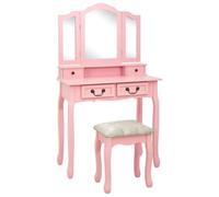 Ziaphsol Ensemble de coiffeuse avec tabouret, en bois de paulownia, rose, 80 x 69 x 141 cm, 4 tiroirs, miroir, commode, coiffeuse pour chambre à coucher, dressing, fille