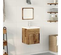 Ziaphsol Ensemble de meubles de salle de bain 3 pièces en bois vieilli avec montage mural, avec lavabo, meuble bas et miroir, peu encombrant, durable, moderne, adapté aux petites et grandes salles de