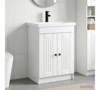 Ziaphsol Ensemble de meubles de salle de bain en bois blanc brillant avec lavabo et robinet, 56 x 37,5 x 81 cm, poignée en métal noir, espace de rangement pour salle de bain, WC d'invités