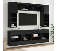 Ziaphsol Ensemble de meubles muraux TV avec éclairage LED en chêne noir, 197 cm de large, meuble bas moderne avec espace de rangement, pour salon, home cinéma, systèmes multimédia