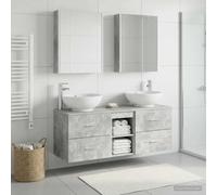 Ziaphsol Ensemble de mobilier de Salle de Bain 5 pièces Gris béton avec Miroir LED Double Face, Rangement Mural, lavabo, Robinet, éclairage USB, Design Moderne, idéal pour Petits et Grands espaces
