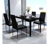 Ziaphsol Ensemble de salle à manger 5 pièces, noir, table à manger en verre trempé avec fer, 4 chaises avec rembourrage en cuir synthétique, pour salle à manger, cuisine, salon, siège pour famille