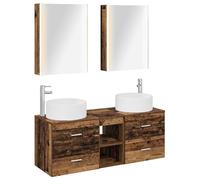 Ziaphsol Ensemble mobilier Salle de Bain 5 pièces Bois Ancien avec Miroir LED Double Face, Rangement Mural, lavabo Ajustable, éclairage USB Blanc, Design Compact pour Petite Salle de Bain Moderne