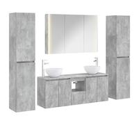 Ziaphsol Ensemble mobilier Salle de Bain 6 pièces Gris béton Bois d'ingénierie Verre éclairage LED Miroir Double Face Montage Mural Rangement Complet pour Maison Appartement Salle de Bain Moderne