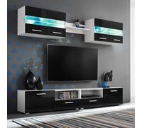 Ziaphsol Ensemble TV mural 5 pièces - Noir brillant - Avec éclairage LED - Centre de divertissement moderne pour le salon - Matériau du bois - 2 armoires suspendues - 2 armoires TV - Étagère