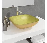 Ziaphsol Lavabo en verre doré 42x42x14 cm avec finition moderne pour salle de bain, toilette ou cuisine, installation au-dessus du comptoir, robuste et facile à nettoyer