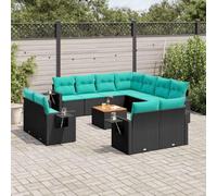 Ziaphsol Lot de 12 canapés de jardin modulaires en rotin synthétique noir résistant aux UV avec table d'appoint pliante pour terrasse, balcon, plateau de table en bois d'acacia, coussins confortables