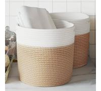 Ziaphsol Lot de 2 paniers de rangement marron et blanc Ø28 x 28 cm en coton tressé pliable avec poignées pour jouets, rangement, salon, chambre à coucher